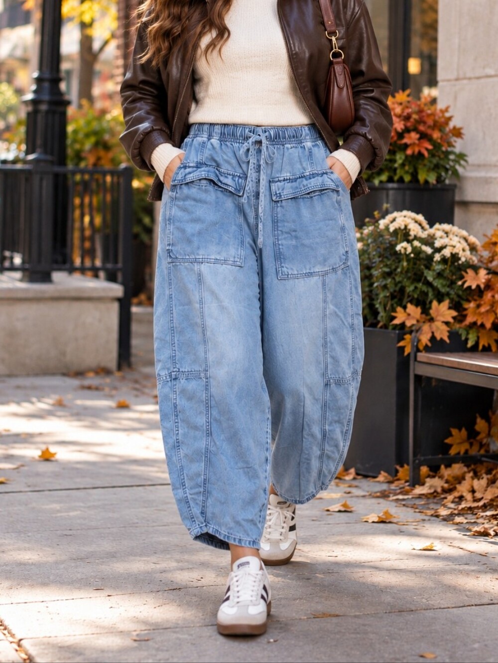 Habitual Light Wash Denim Barrel Leg Cargo Pants Baggy Y2K Utility Streetwear